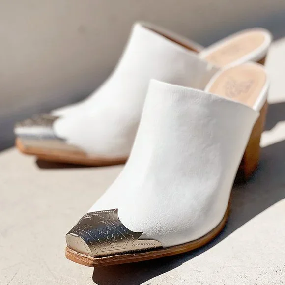 NEW White PU Leather Silver Metal Pointy Square Toe Block Heel Western Mule Shoe - Picture 2 of 13